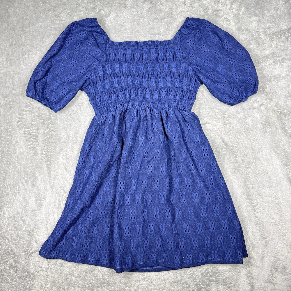 BY&BY Girls Blue Smocked Dress Size S 7 8 Eyelet Puff Sleeve Babydoll - Picture 2 of 8